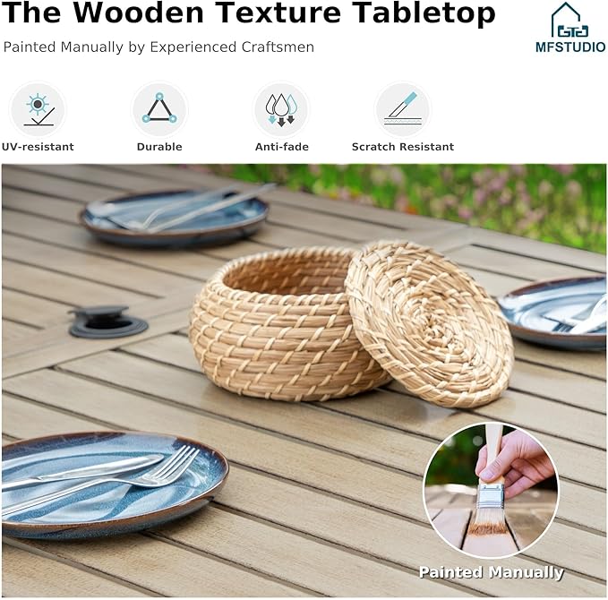 MFSTUDIO Patio Dining Sets with Swivel Chairs, Wood-Like Metal Table for 6 and Wicker Chairs, 7 Pieces Outdoor Dining Furniture, Patio Rectangular Table and Chair for Deck, Backyard