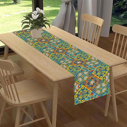 Mexican Table Runner, Blue Rustic Mexico Talavera Ceramic Hand Painted Tiles Cinco De Mayo Coffee Table Center Decor for Family Kitchen and Dining Patio Indoor Outdoor Table Decorations, 13" X 36"