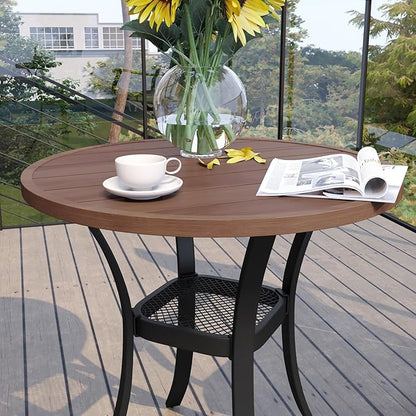 VICLLAX 27.5" Outdoor Round Patio Table for Lawn Garden, All Weather Metal Round Patio Dining Table with Storage Shelf, 2 Person Small Patio Table, Walnut Wood Grain