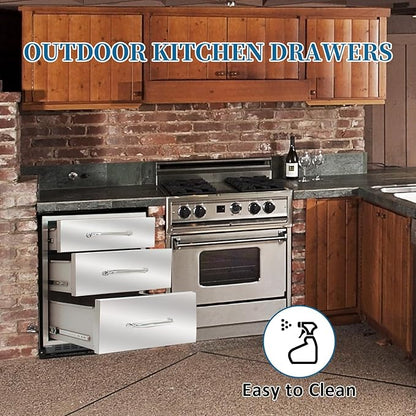 Outdoor Kitchen Drawers 20"Wx27"Hx23"D Flush Mount Access 3-Drawer BBQ Stainless Steel Drawers with Handle for Outdoor Kitchen Island or Grill Station