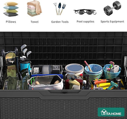 YITAHOME 80 Gallon Resin Deck Box, Weather Resistant Outdoor Rattan Storage Box, Lockable Indoor Outdoor Storage for Supplies and Essentials, Dark Gray