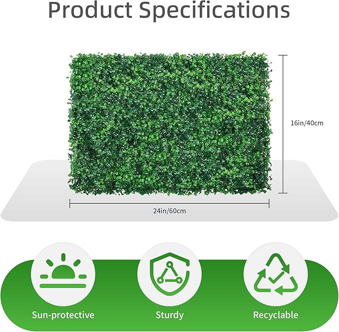 24x16 Inch Artificial Boxwood Panels (12-Pack) - UV Protected Faux Grass Wall Mats for Outdoor Fence Cover, Garden Privacy Screen, Indoor Wall Decor, and Wedding Backdrops (12)
