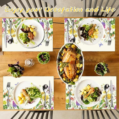 Flower Placemats Set of 4 - Floral Faux Leather Heat Resistant Placemats for Dinner Table, Non-Slip Waterproof Oil-Proof Washable Reusable Placemat for Indoor Outdoor Kitchen Decor, 15.75In*11.81In
