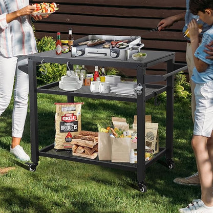 Domi 3-Tier Outdoor BBQ Grill Cart with Lockable Wheels | Portable Pizza Oven Stand & Food Prep Station | Compatible with Blackstone Griddle & Propane Tanks | All-Weather Patio Cooking Center
