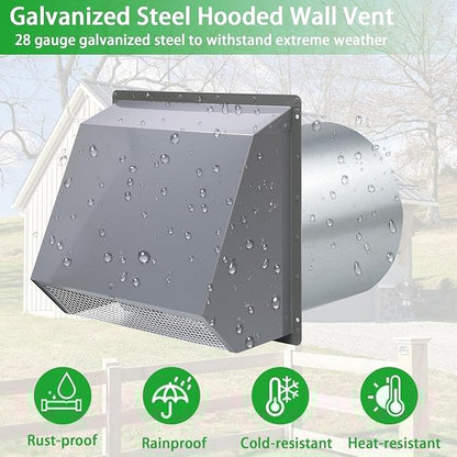 6 Inch Hooded Wall Vent with Screen and Damper,6 Inch Exhaust Vent Cover Cap for Outdoor Kitchen Range Hood Dryer Ventilation,Outside Wall Mount Extractor for House Air Exhaust,Galvanized Steel,Gray
