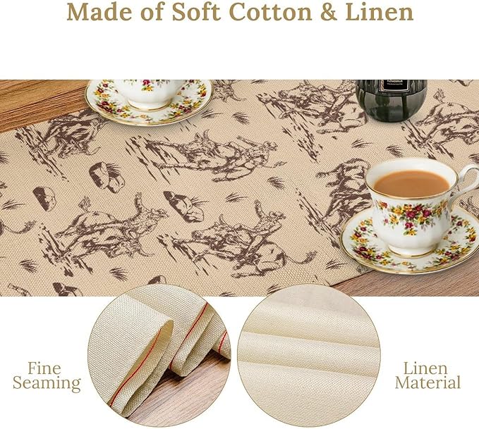 Western Desert Cowboy Table Runner, Seasonal Spring Fall Kitchen Dining Table Decoration for Indoor Outdoor Home Party Dinner 13x60in