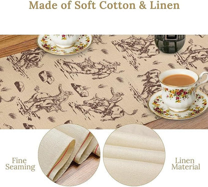 Western Desert Cowboy Table Runner, Seasonal Spring Fall Kitchen Dining Table Decoration for Indoor Outdoor Home Party Dinner 13x60in