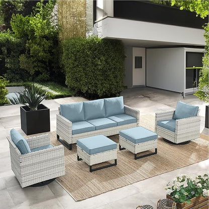 HUMMUH Outdoor Ottomans for Patio Set of 2 PE Wicker Outdoor Footstool with Removable Weather-Resistant Cushions for Patio, Backyard Light Grey Lake Blue