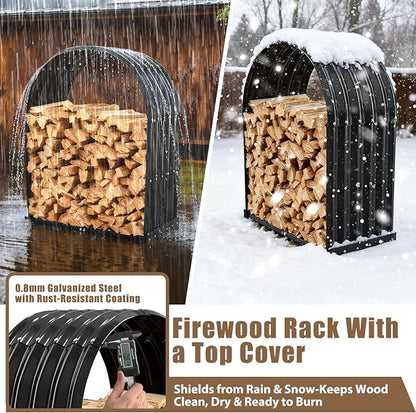 Heavy-Duty Black Firewood Storage Shed – Metal Log Holder with 32" Round Roof – Outdoor Wood Rack for Patio, Deck & Fireplace – Weatherproof Lumber Stand for Firewood (2.7FT Diameter Roof)