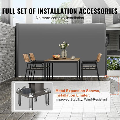 VEVOR Retractable Side Awning, UV 50 63''x 118'' Full Aluminum Rust-Proof Outdoor Privacy Screen, 280 g Thicken Folding Room Divider Wind Screen, for Patio Sun Shade, Backyard, Balcony, Gray