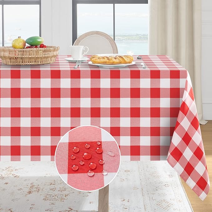 Softalker Gingham Checkered Tablecloth Rectangle - Outdoor Waterproof Buffalo Plaid Table Cloth, Stain Resistant Washable Table Cover for Picnic, Camping, Dining - Red and White, 60 x 102 Inch