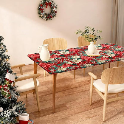 Rectangle Table Cloth Cover Waterproof Elastic Fitted Polyester Fitted Tablecloths for 4 Foot Tables for Indoor,Picnic, Camping, Outdoor （48" x 30"，Christmas Flowers）