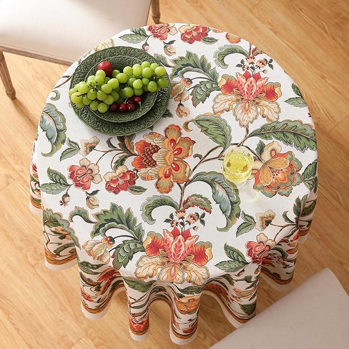 patdrea Designer Vintage Linen Round Tablecloth,Provencal Rustic Floral Pattern Tablecloths,Decorative Table Cover Cloth for Kitchen,Dining Room,Tea Party,Home,Christmas,Diameter 55"
