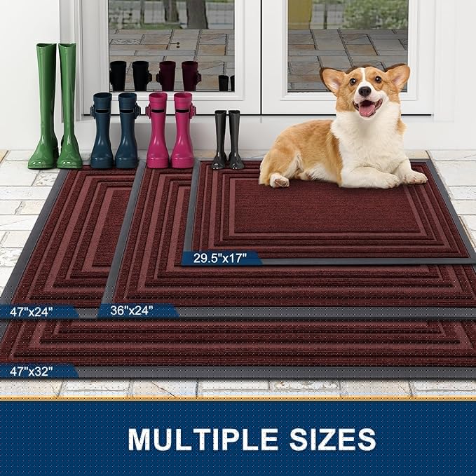 Buganda Front Door Mat Indoor Outdoor Entrance, Non-Slip Natural Rubber Doormats, Easy Clean, Low Profile, Dirt Trapper Entryway Floor Mats for Outside, Garages and Patios, 47x32, Wine Red