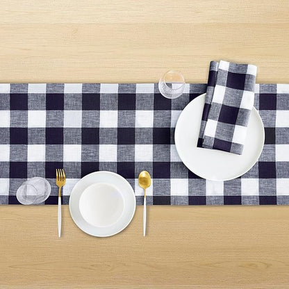 Solino Home Checkered Linen Table Runners 72 Inches Long - 100% Pure Linen Navy and White Buffalo Check Table Runner 14 x 72 Inch Ideal for Dresser, Dining, Winter