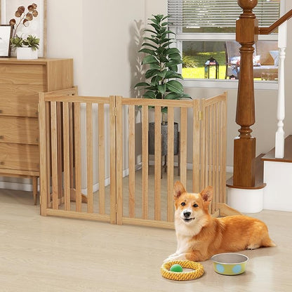 30" Height Tall Freestanding Pet Gate, Solid Wood Folding Safety Fence Wooden Dog Gate with 2 PCs Support Feet Ideal for Stairs, Doorways, Halls, Kitchens, Heavy Duty Gates, 4 Panels, Oak