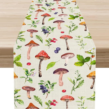 Mushroom Table Runner, Rustic Farmhouse Forest Plants Botanical Wildfloral Coffee Table Center Decor for Home Kitchen Dining Patio Holiday Party Indoor Outdoor Table Decorations, 13"x108" Inch