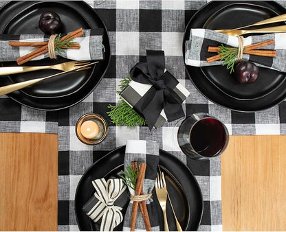Solino Home Linen Checkered Table Runner 36 Inches - 100% Pure Linen Black and White Buffalo Check Table Runner 14 x 36 Inch Ideal for Dresser and Coffee Tables - Winter