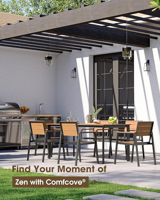 Patio Outdoor Dining Set for 6, Aluminum 7 Piece HDPS Outdoor Table and Chairs Set with Umbrella Hole, Modren Rectangular Patio Furniture Set with All-weather Table and 6 Chairs (Gray & Teak)