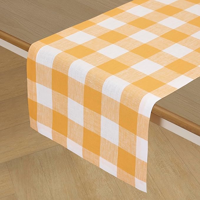 Solino Home Linen Checkered Table Runner 144 Inches Long - 100% Pure Linen Mustard and White Buffalo Check Extra Long Table Runner 14 x 144 Inch Ideal for Dining, Spring, Easter