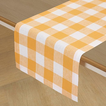Solino Home Linen Checkered Table Runner 36 Inches - 100% Pure Linen Mustard and White Buffalo Check Table Runner 14 x 36 Inch Ideal for Dresser and Coffee Tables, Spring, Easter