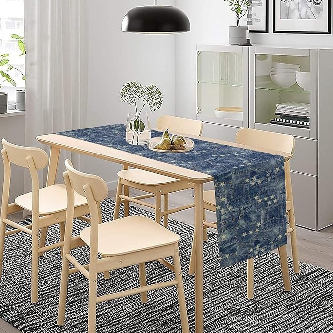 Patchwork Table Runner, Vintage Romance Jeans Pentagram Splicing Print Table Runner for Kitchen Dining Picnic Coffee Home 13x36in