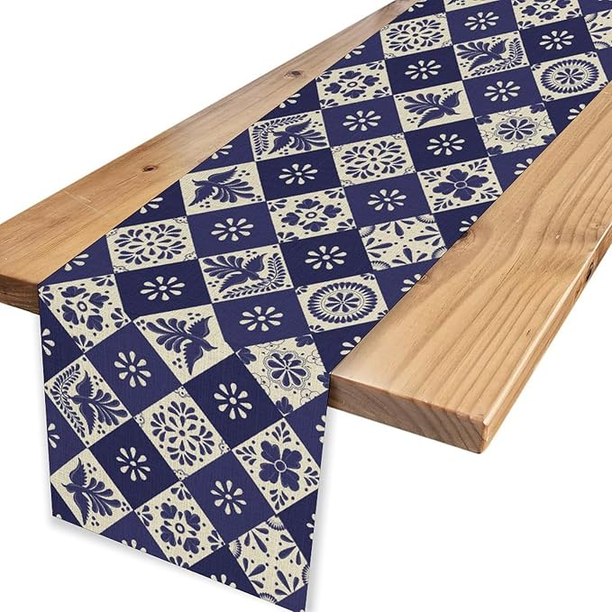 Floral Birds Mexican Table Runner, Blue Mexico Talavera Ceramic Tiles Cinco De Mayo Azulejo Coffee Table Center Decor for Family Kitchen and Dining Patio Indoor Outdoor Table Decorations, 13" X 36"