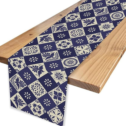 Floral Birds Mexican Table Runner, Blue Mexico Talavera Ceramic Tiles Cinco De Mayo Azulejo Coffee Table Center Decor for Family Kitchen and Dining Patio Indoor Outdoor Table Decorations, 13" X 36"