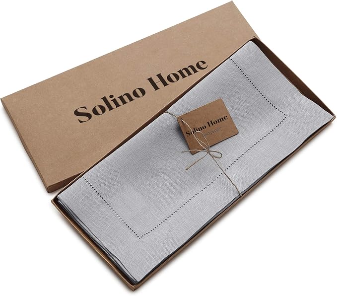 Solino Home Linen Soft Grey Table Runner 60 Inches - Classic Hemstitch, 100% Pure Linen Coffee Table Runner 14 x 60 Inch Ideal for Dresser Tables - Spring, Easter