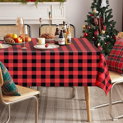 Softalker Gingham Checkered Tablecloth Rectangle - Outdoor Waterproof Buffalo Plaid Table Cloth, Stain Resistant Washable Table Cover for Picnic, Camping, Dining - Red and Black, 54 x 120 Inch