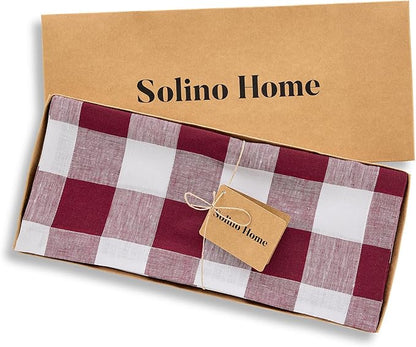 Solino Home Checkered Table Runners 90 Inches Long - 100% Pure Linen Buffalo Check Burgundy and White Table Runner 14 x 90 Inch Ideal for Dining, Valentines