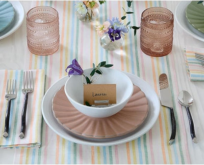 Solino Home Linen Table Runner 156 Inches Long - Julia, 100% Pure Linen Multicolor Muted Pastel Stripe Farmhouse Table Runner 14 x 156 Inch for Dining, Spring, Easter
