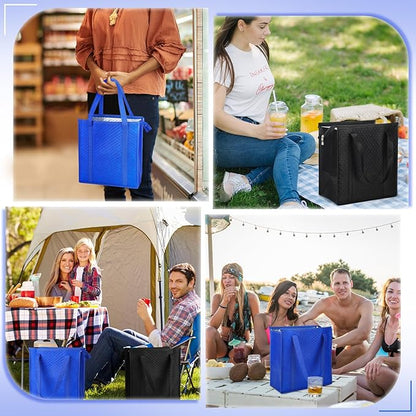 10 Pack Large Insulated Grocery Bags Reusable Shopping Bags with Zippered Top 13 x 12 x 7 Inch Thermal Cooler Totes Bulk with Handles for Hot Cold Food Delivery Refrigerator(Blue and Black)