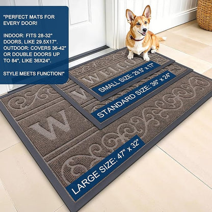 OLANLY Welcome Door Mat Indoor Outdoor Entrance, Heavy Duty Sturdy Front Door Mat, Waterproof All-Weather Doormat, Stain Resistant, Low Profile, Easy Clean Patio Entryway Mat, 47 x 32, Medium Brown