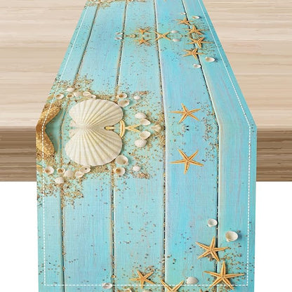 Summer Table Runner, Rustic Blue Teal Wood Beach Starfish Seashells Coastal Nautical Tropical Ocean Farmhouse Coffee Table Center Decor for Home Kitchen Dining Patio Indoor Outdoor, 13"x90" Inch
