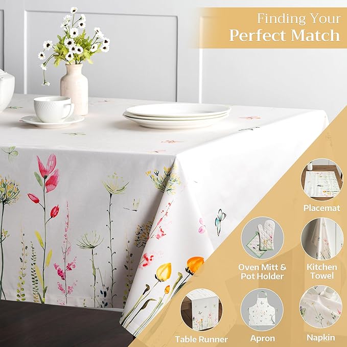 Maison d' Hermine Table Cloth Rectangle Table 100% Cotton 60 x 90 Inches Tablecloth Reusable Decorative for Dining Room, Farmhouse, Home, Party, Festive & Wedding Spring Summer - Botanical Fresh