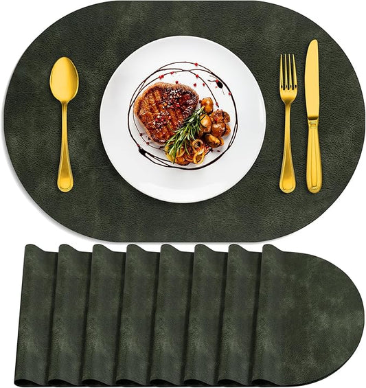 ADRIMER Placemats, Heat Resistant Oval Placemats Set of 8 Washable 12 x 17 Inch, Waterproof Table Mats, Wipeable Pu Place Mats for Kitchen, Dining Room, Olive Green