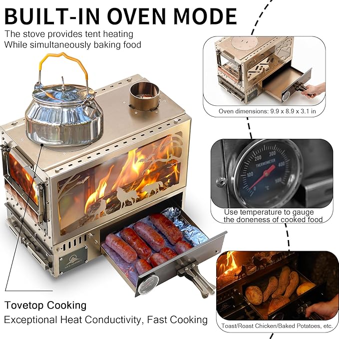 M8 Pellet Stove Pro with Pellet Burner/Oven/Base/Camping Table—Portable Stainless Steel IGT Hot Tent Stove, Includes 6 Chimney Pipes, Suitable for Outdoor Camping and Cooking
