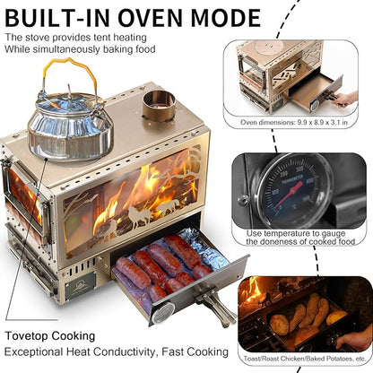 M8 Pellet Stove Pro with Pellet Burner/Oven/Base/Camping Table—Portable Stainless Steel IGT Hot Tent Stove, Includes 6 Chimney Pipes, Suitable for Outdoor Camping and Cooking