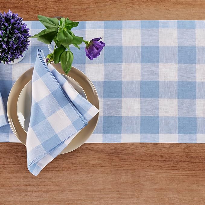 Solino Home Linen Checkered Table Runners 72 Inches Long - 100% Pure Linen Chambray Blue and White Buffalo Check Table Runner 14 x 72 Inch Ideal for Dresser, Dining, Spring, Easter