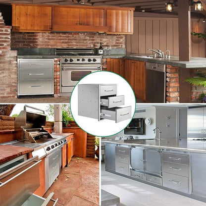 Outdoor Kitchen Drawers 16" W x 21" H x 23" D Stainless Steel Triple Drawers with Ergonomic Handle for BBQ Island, Patio Grill Station & Outdoor Kitchen Cabinets