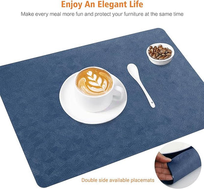 Vinyl Placemats Set of 6 Heat Resistant Easy Clean Non-Slip Place Mats for Dining Table. Faux Leather Waterproof Stain Resistant Wipeable Washable PU Table Mats(6, Blue)