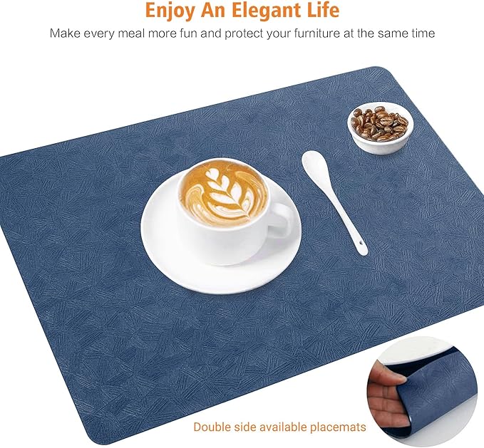 Vinyl Placemats Set of 4 Heat Resistant Easy Clean Non-Slip Place Mats for Dining Table. Faux Leather Waterproof Stain Resistant Wipeable Washable PU Table Mats(4, Blue)