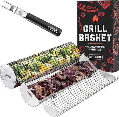 Rolling Grill Basket, New Opening Design, Extra Sturdy Cylinder Grilling Basket, Food Grade Stainless Steel, Large Portable Outdoor Camping accessories BBQ Net Rack, Cooking Griller for Fish, Vegetables, and More - Gifts for Men Dad Husband - Set of 2