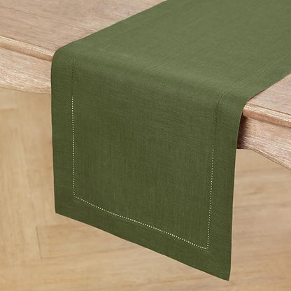 Solino Home Olive Linen Table Runner 156 Inches Long - 100% Pure Linen Classic Hemstitch Table Runner 14 x 156 Inch for Wedding, Parties