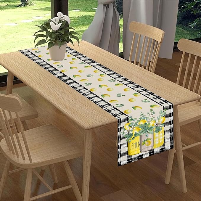 Lemon Table Runner, Farmhouse Black Buffalo Plaid Seasonal Summer Spring Fruits Lemon Coffee Table Center Decor for Home Kitchen Dining Party Patio Indoor Outdoor Table Decorations, 13"x72" Inch