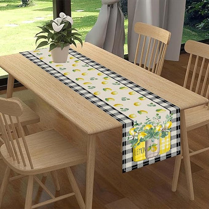 Lemon Table Runner, Farmhouse Black Buffalo Plaid Seasonal Summer Spring Fruits Lemon Coffee Table Center Decor for Home Kitchen Dining Party Patio Indoor Outdoor Table Decorations, 13"x72" Inch