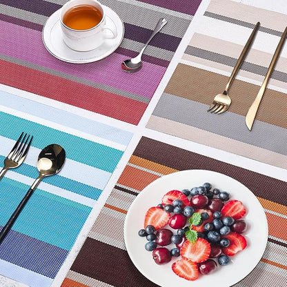 Set of 6 Colorful Striped Vinyl Placemats Heat-Resistant Washable Placemats Non-Slip Woven Table Mats Wipeable Placemat for Kitchen Dining Table Decoration Indoor Outdoor (Beige&Ivory)
