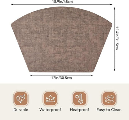 Round Table Placemats Set of 4, Faux Leather Wedge Shape Place Mats Heat Resistant Wipeable Washable Table Mats for Dining Outdoor Indoor, Brown