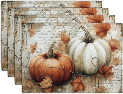 Fall Vintage Pumpkin Leaves Placemats Set of 4 Autumn Thanksgiving Harvest Linen Dinner Place Mats 12x18 Burnt Orange and White Rustic Farmhouse Decorative Kitchen Table Mats